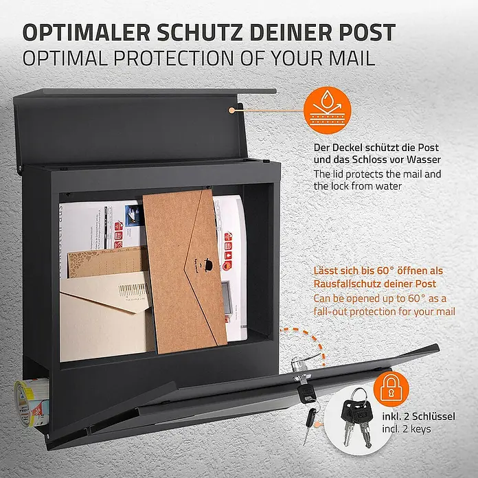 ML-Design Standbriefkasten Briefkastenanlage mit Ständer Anthrazit 170cm Mailbox mit Pfosten - L x B x H: 21,5 x 37 x 170 cm, Anthrazit, Silber, Edelstahl - Bild einer Briefkastenwerbung, die Schutz vor Wasser und Herausfallen der Post hervorhebt.