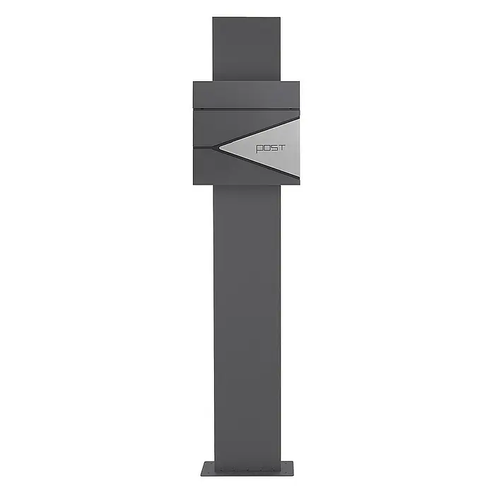 ML-Design Standbriefkasten Briefkastenanlage mit Ständer Anthrazit 170cm Mailbox mit Pfosten - L x B x H: 21,5 x 37 x 170 cm, Anthrazit, Silber, Edelstahl - Ein moderner anthrazitfarbener Briefkasten mit einem silbernen Design, das das Wort "POST" hervorhebt, montiert auf einem eleganten Ständer.