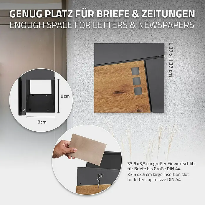 ML-Design Standbriefkasten Briefkastenanlage mit Ständer Silber 120cm Mailbox mit Pfosten - L x B x H: 17,5 x 55 x 120 cm, Anthrazit, Braun, Edelstahl - Produktbild eines Briefkastens mit ausreichend Platz für Briefe und Zeitungen, Abmessungen sind dargestellt.
