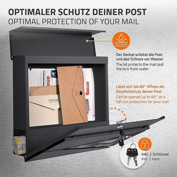 ML-Design Standbriefkasten Briefkastenanlage mit Ständer Anthrazit 170cm Mailbox mit Pfosten - L x B x H: 26 x 37 x 170 cm, Anthrazit, Schwarz, Edelstahl - Nahaufnahme eines grauen Briefkastens mit der Aufschrift "Optimaler Schutz Ihrer Post", der mit zwei Schlüsseln geliefert wird.