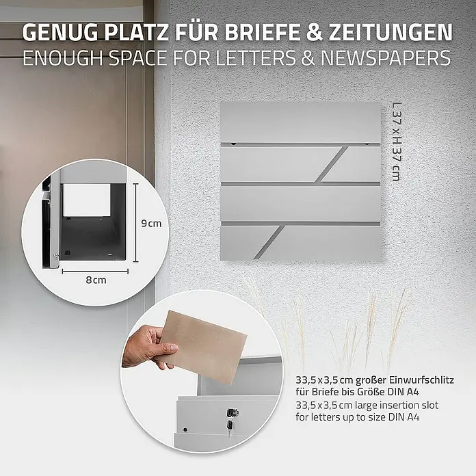 ML-Design Standbriefkasten Briefkastenanlage mit Ständer Anthrazit 170cm Mailbox mit Pfosten - L x B x H: 23,5 x 37 x 170 cm, Anthrazit, Hellgrau, Edelstahl - Abbildung eines Briefkastens mit den Maßen 37x37 cm und einem Einwurfschlitz für Briefe bis zur Größe DIN A4.