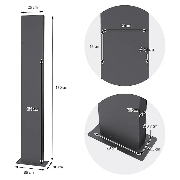 ML-Design Standbriefkasten Briefkastenanlage mit Ständer Anthrazit 170cm Mailbox mit Pfosten - L x B x H: 23,5 x 37 x 170 cm, Anthrazit, Hellgrau, Edelstahl - Produktbild einer modernen, anthrazitfarbenen Stele mit detaillierten Maßangaben zu Höhe, Breite und Sockel.