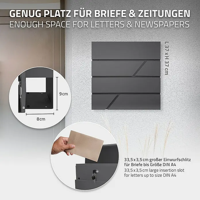 ML-Design Standbriefkasten Briefkastenanlage mit Ständer Anthrazit 170cm Mailbox mit Pfosten - L x B x H: 23,5 x 37 x 170 cm, Anthrazit, Edelstahl - Bild einer grauen Briefkastenanlage mit den Maßen 37x37 cm und einem Einwurfschlitz von 33,5x3,5 cm für Briefe bis DIN A4.