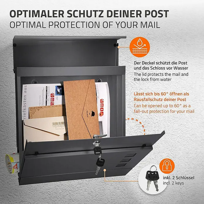 ECD Germany Standbriefkasten Briefkastenanlage mit Ständer Anthrazit 120cm Mailbox mit Pfosten - L x B x H: 17 x 42,5 x 120 cm, Anthrazit, Edelstahl - Detailaufnahme eines grauen Briefkastens mit geöffneter Klappe und zwei Schlüsseln, der optimalen Schutz für die Post bietet.