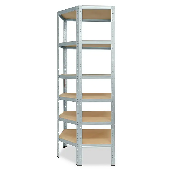 shelfplaza Schwerlastregal HOME - H x B x T: 200 x 60 x 30 cm, Traglast pro Boden: 175 kg, Stecken, verzinkt - Ein hoher Eckregal mit fünf Holzböden und einem stabilen Metallrahmen bietet viel Stauraum und passt perfekt in jede Ecke.