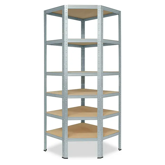 shelfplaza Schwerlastregal HOME - H x B x T: 200 x 60 x 30 cm, Traglast pro Boden: 175 kg, Stecken, verzinkt - Eckregal mit sechs Ablageflächen aus hellem Holz und einem grauen Metallrahmen für zusätzliche Stabilität.