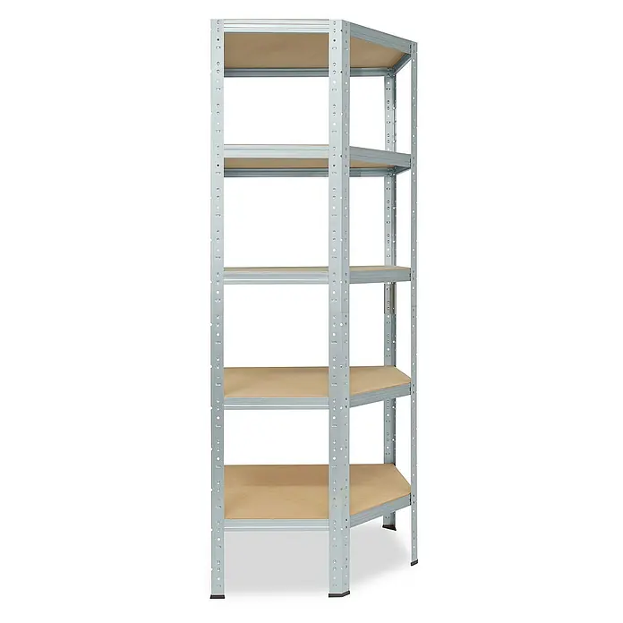 shelfplaza Schwerlastregal HOME - H x B x T: 180 x 70 x 45 cm, Traglast pro Boden: 175 kg, Stecken, verzinkt - Ein praktisches Eckregal mit fünf Regalböden aus Holz und einem stabilen, grauen Metallrahmen bietet viel Stauraum für diverse Gegenstände.