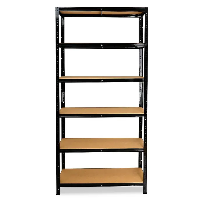 shelfplaza Schwerlastregal BLACK - H x B x T: 200 x 90 x 40 cm, Traglast pro Boden: 175 kg, Stecken, schwarz - Ein schwarzes Metallregal mit sechs Holzregalböden, ideal für Lagerung und Organisation in Werkstatt oder Garage.