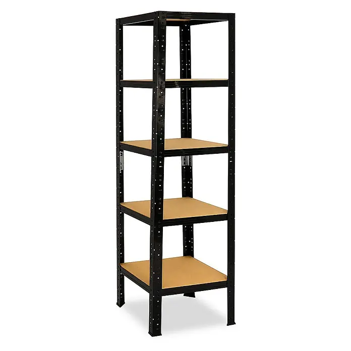 shelfplaza Schwerlastregal BLACK - H x B x T: 180 x 40 x 40 cm, Traglast pro Boden: 175 kg, Stecken, schwarz - Ein Regal mit schwarzem Metallrahmen und vier braunen Regalböden. Ideal zur Lagerung in Garage oder Keller.