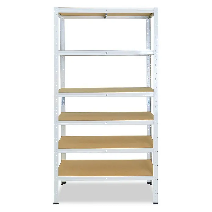 shelfplaza Schwerlastregal HOME - H x B x T: 200 x 90 x 40 cm, Traglast pro Boden: 175 kg, Stecken, weiß - Dieses Bild zeigt ein weißes Metallregal mit fünf Regalböden. Das Regal ist schlicht und funktional gestaltet.