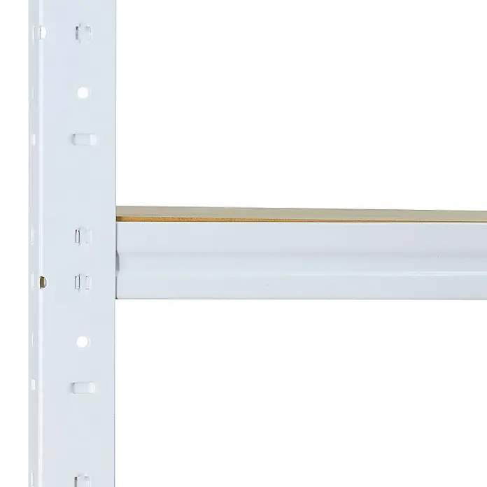 shelfplaza Schwerlastregal HOME - H x B x T: 200 x 90 x 40 cm, Traglast pro Boden: 175 kg, Stecken, weiß - Detailaufnahme eines weißen Metallregals mit einer Ablage. Das robuste Regal ist ideal für Lagerung und Organisation.