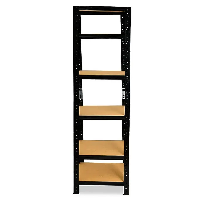 shelfplaza Schwerlastregal BLACK - H x B x T: 180 x 30 x 30 cm, Traglast pro Boden: 175 kg, Stecken, schwarz - Nahaufnahme eines schwarzen Metallregals mit vier hellbraunen Holzregalböden.