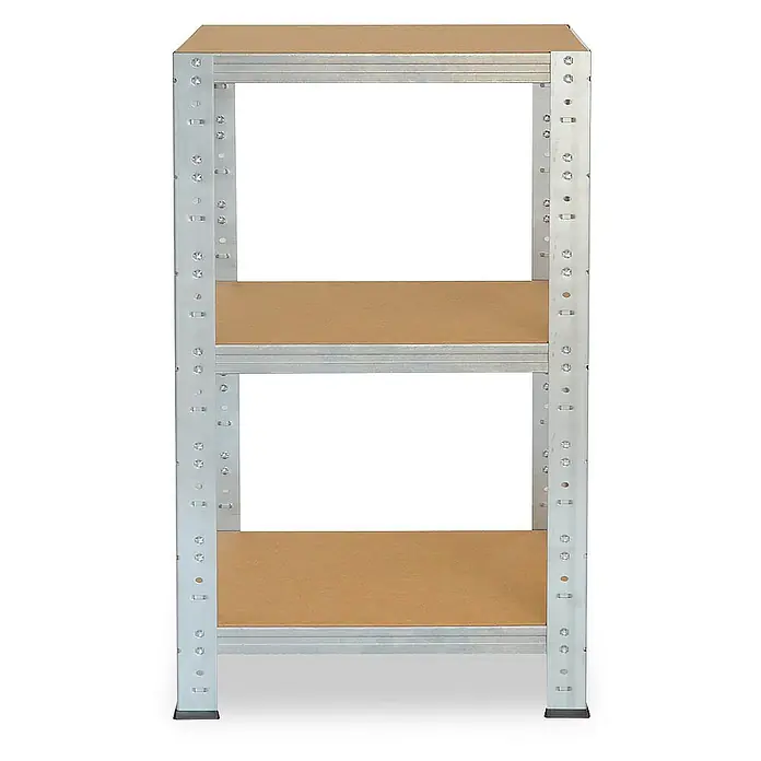 shelfplaza Schwerlastregal HOME - H x B x T: 90 x 40 x 40 cm, Traglast pro Boden: 175 kg, Stecken, verzinkt - Abbildung eines Regals mit drei Regalböden. Das Regal hat einen Rahmen aus Metall und die Regalböden sind aus Holz. Praktisch und robust.
