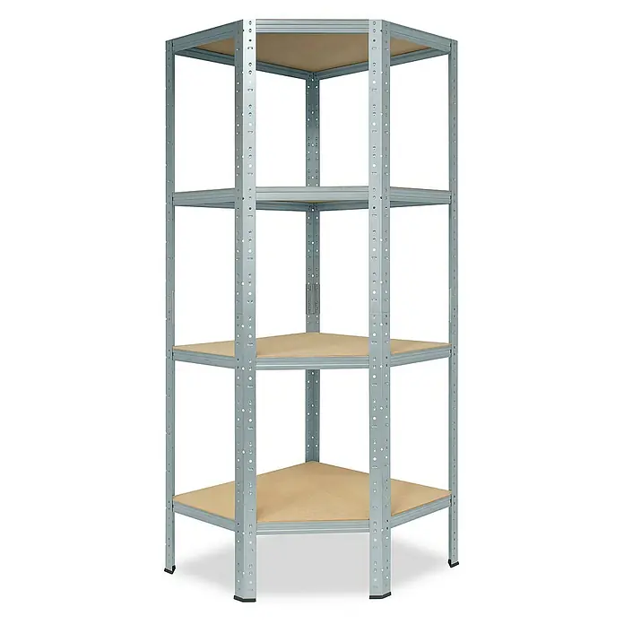 shelfplaza Schwerlastregal HOME - H x B x T: 155 x 60 x 30 cm, Traglast pro Boden: 175 kg, Stecken, verzinkt - Eckregal mit vier Regalböden aus Holz und grauem Metallrahmen für eine platzsparende Aufbewahrungslösung.