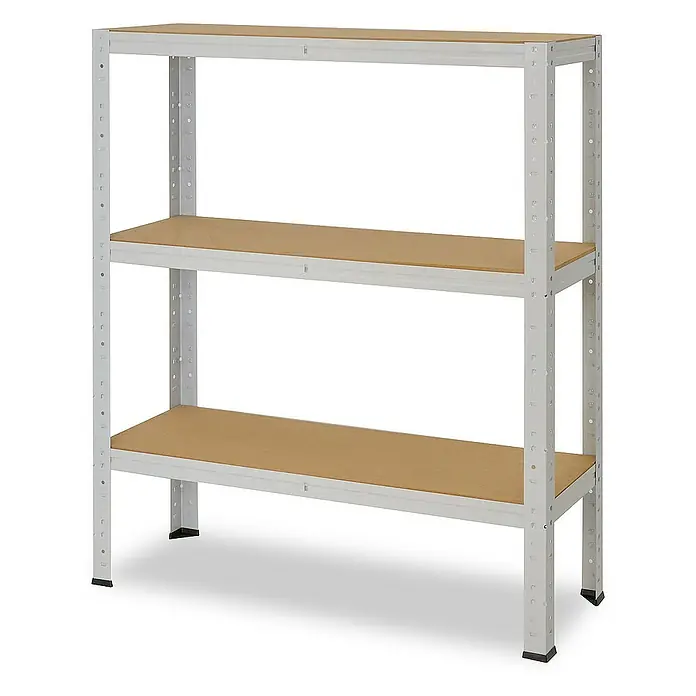 shelfplaza Schwerlastregal OFFICE - H x B x T: 100 x 80 x 30 cm, Traglast pro Boden: 175 kg, Stecken, lichtgrau - Das Bild zeigt ein dreistöckiges, graues Metallregal mit braunen Holzplatten, ideal für Lagerung und Ordnung in Werkstatt oder Keller.