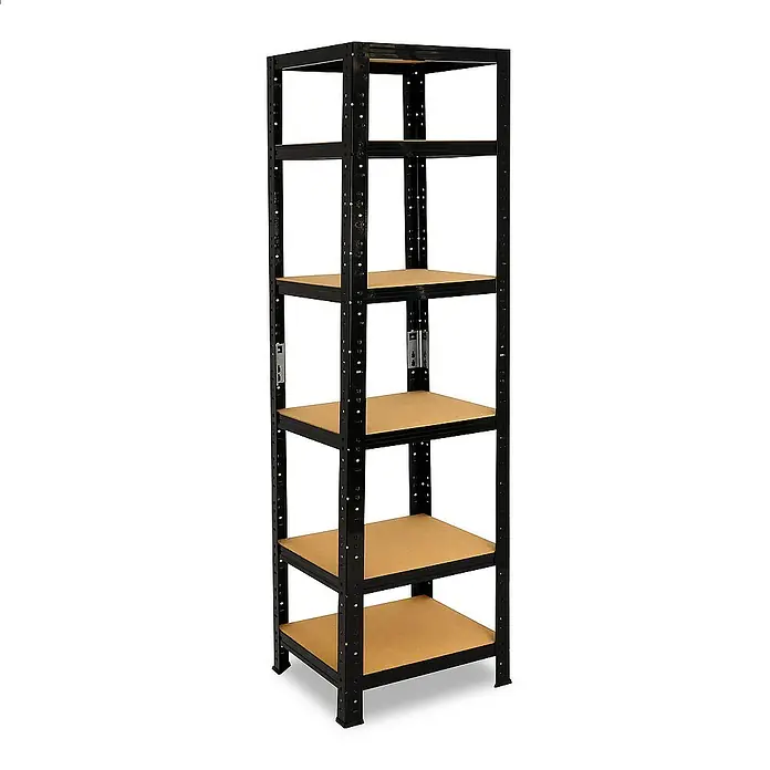 shelfplaza Schwerlastregal BLACK - H x B x T: 180 x 45 x 45 cm, Traglast pro Boden: 175 kg, Stecken, schwarz - Schwarzes Metallregal mit fünf Regalböden. Das Regal ist schmal und hoch und eignet sich gut zur Aufbewahrung von Gegenständen.