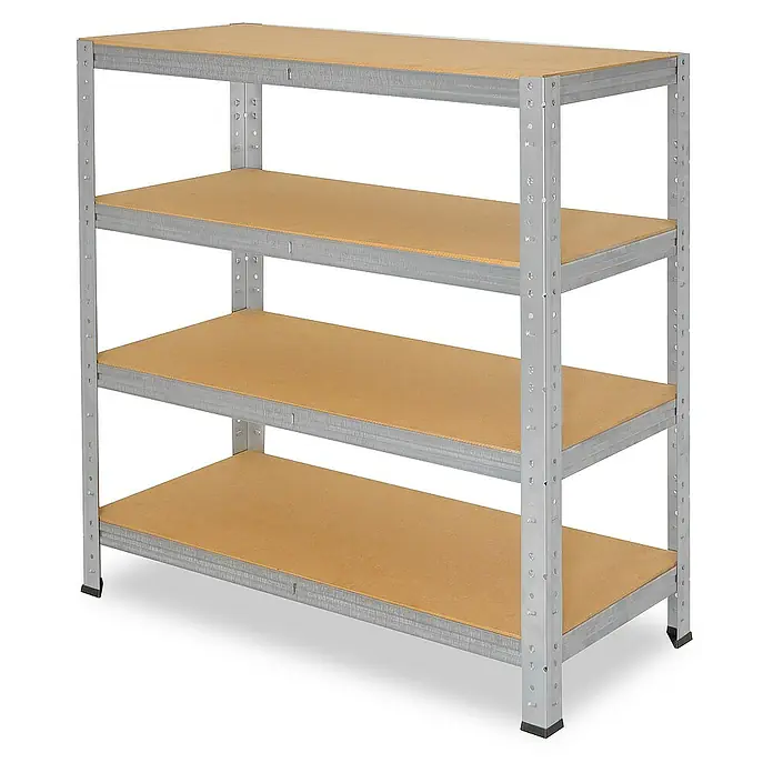 shelfplaza Schwerlastregal HOME - H x B x T: 115 x 80 x 40 cm, Traglast pro Boden: 175 kg, Stecken, verzinkt - Abbildung eines stabilen Regalsystems mit vier Regalböden, ideal für Lagerung und Organisation.