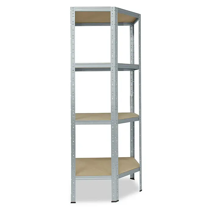 shelfplaza Schwerlastregal HOME - H x B x T: 155 x 70 x 40 cm, Traglast pro Boden: 175 kg, Stecken, verzinkt - Metallregal mit vier Regalböden. Das Regal ist grau und hat eine dreieckige Form. Ideal für Ecken.