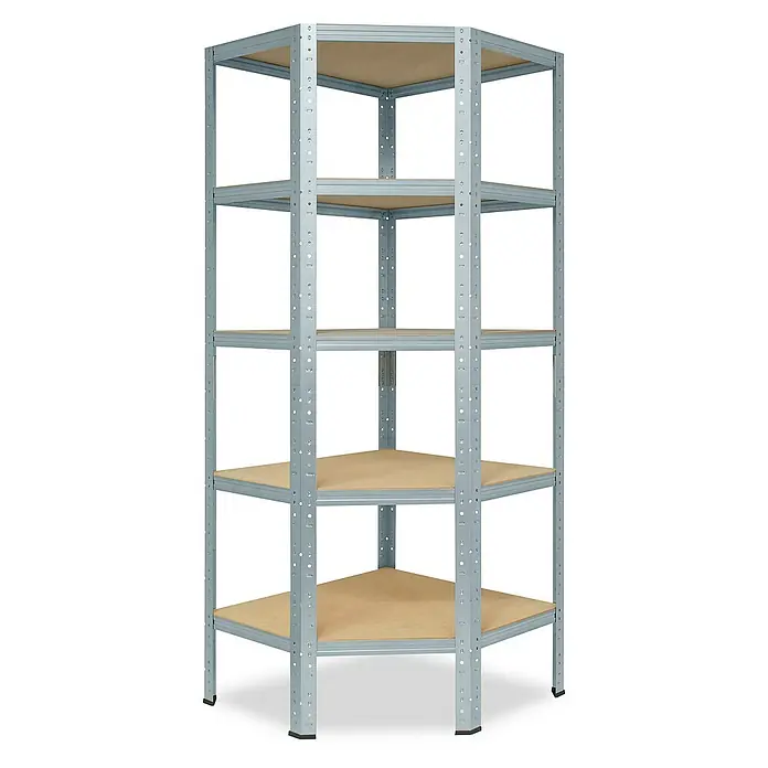 shelfplaza Schwerlastregal HOME - H x B x T: 180 x 80 x 50 cm, Traglast pro Boden: 175 kg, Stecken, verzinkt - Ein graues, fünflagiges Eckregal mit hellbraunen Regalböden. Es ist ideal für die Aufbewahrung in Ecken und spart Platz.