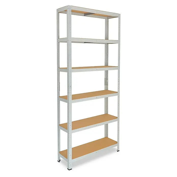 shelfplaza Schwerlastregal OFFICE - H x B x T: 200 x 75 x 30 cm, Traglast pro Boden: 175 kg, Stecken, lichtgrau - Das Bild zeigt ein graues Metallregal mit sechs Holzböden. Das Regal ist stabil und bietet viel Stauraum für verschiedene Gegenstände.