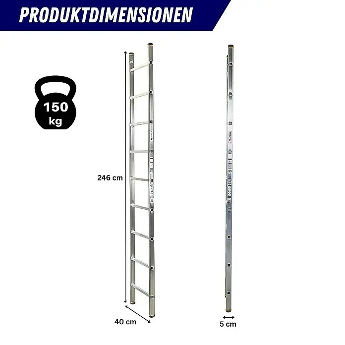 Proregal Anlegeleiter ATLAS - Anzahl Tritte: 9 Stk., Arbeitshöhe: 3.470 mm, Belastbarkeit: 150 kg, Aluminium - Produktabbildung einer Aluminium-Leiter mit den Produktabmessungen Länge 246cm, Breite 40cm und Tiefe 5cm, max. Belastbarkeit 150kg.
