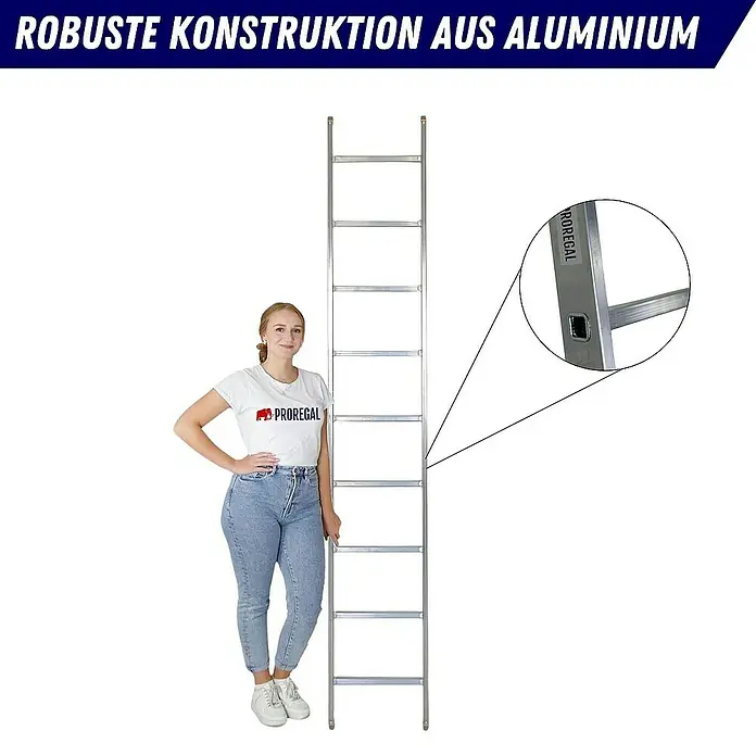 Proregal Anlegeleiter ATLAS - Anzahl Tritte: 9 Stk., Arbeitshöhe: 3.470 mm, Belastbarkeit: 150 kg, Aluminium - Robuste Aluminium-Leiter: Eine vielseitige und langlebige Leiter, ideal für verschiedene Aufgaben.