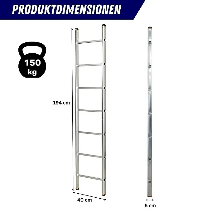 Proregal Anlegeleiter ATLAS - Anzahl Tritte: 7 Stk., Arbeitshöhe: 2.950 mm, Belastbarkeit: 150 kg, Aluminium - Produktabbildung einer Aluminium-Anlegeleiter mit den Produktabmessungen und der maximalen Traglast von 150 kg.