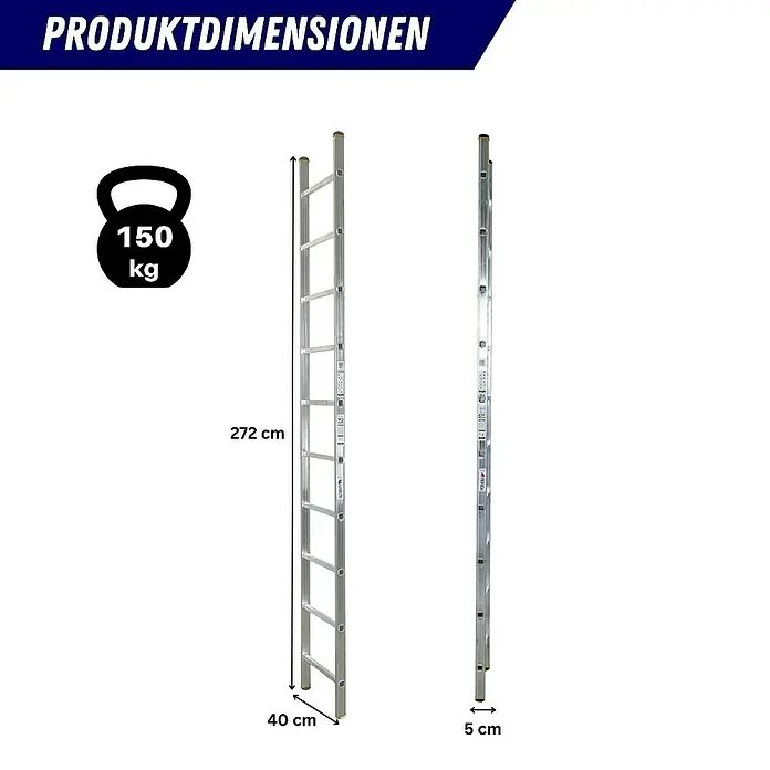 Proregal Anlegeleiter ATLAS - Anzahl Tritte: 10 Stk., Arbeitshöhe: 3.730 mm, Belastbarkeit: 150 kg, Aluminium - Produktabbildung einer Aluminium-Anlegeleiter mit den Maßen 272cm Höhe, 40cm Breite und 5cm Tiefe, belastbar bis 150kg.