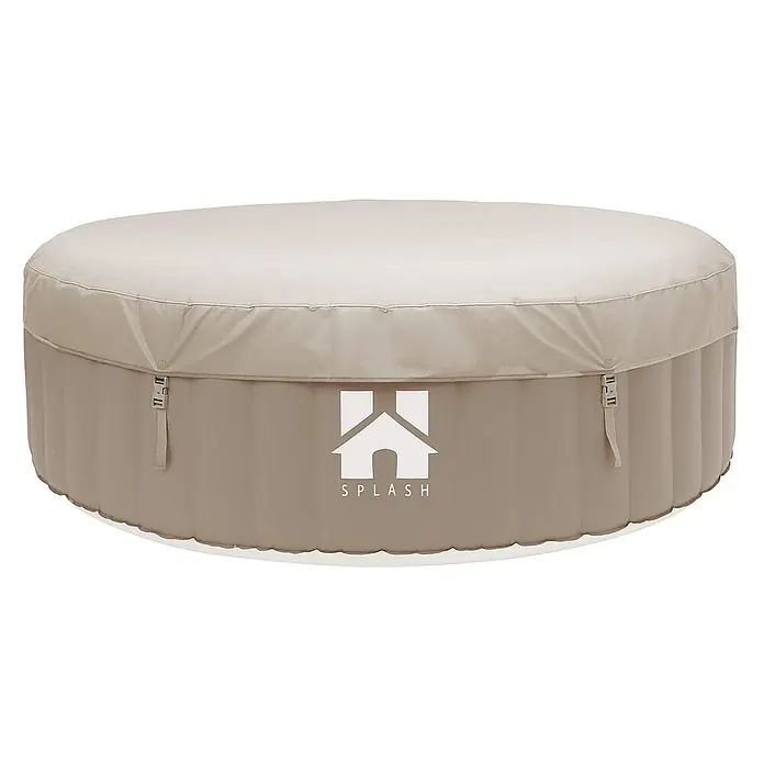 Home Deluxe Außen-Whirlpool SPLASH inkl. Abdeckung - 208 x 208 x 65 cm, Beige, Max. Personenzahl: 6 Stk. - Dieser runde, beige Whirlpool mit Abdeckung ist perfekt für entspannende Momente im Garten. Das "Splash"-Logo ist gut sichtbar.