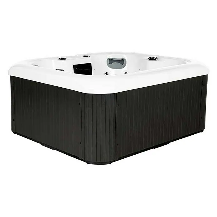 Home Deluxe Outdoor Whirlpool SEA STAR Pure -  - Bild eines modernen Whirlpools mit schwarzer Holzverkleidung und weißem Innenraum. Ideal für Entspannung und Wellness zu Hause.