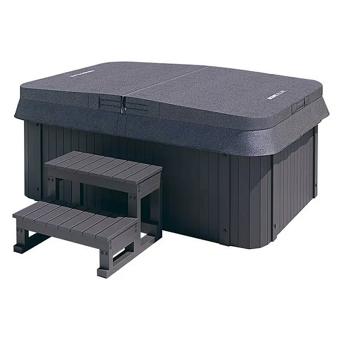 Home Deluxe Außen-Whirlpool HORIZON inkl. Treppe und Thermoabdeckung - Weiß, Max. Personenzahl: 2 Stk. - Grauer Whirlpool mit Abdeckung und passender Treppe für einfachen Zugang. Komfort und Entspannung für Zuhause.