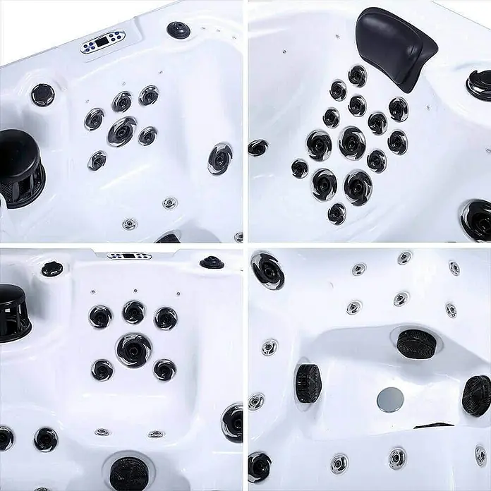 HOME DELUXE Outdoor Whirlpool BEACH Pure -  - Nahaufnahme eines luxuriösen Whirlpools mit zahlreichen Düsen und einem Bedienfeld.