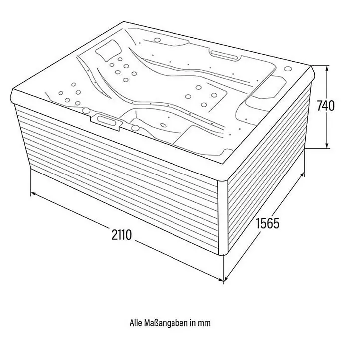 Home Deluxe Außen-Whirlpool STREAM PURE - Anthrazit, Max. Personenzahl: 3 Stk. - Technische Zeichnung eines Whirlpools mit Maßangaben. Die Maße des Whirlpools betragen 2110 x 1565 x 740 mm.