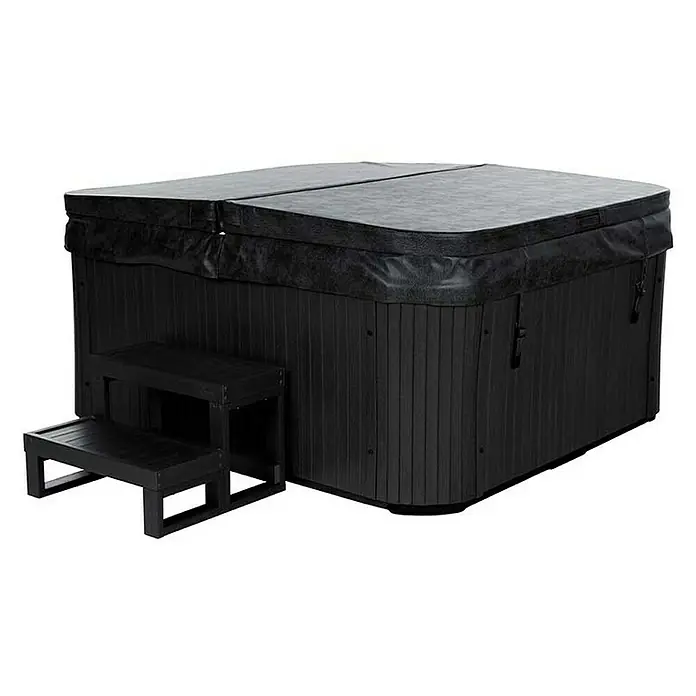 Home Deluxe Outdoor Whirlpool SEA STAR Mit Treppe und Thermoabdeckung -  - Schwarzer Whirlpool mit Abdeckung und Treppe. Der Whirlpool hat eine strukturierte Oberfläche und ist für den Außenbereich geeignet.