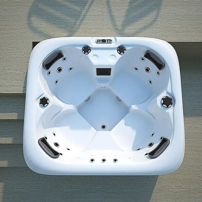 Home Deluxe Outdoor Whirlpool SEA STAR Mit Treppe und Thermoabdeckung -  - Weißer Whirlpool mit Bedienelementen und Düsen, der Entspannung und Komfort verspricht. Die Form ist quadratisch mit abgerundeten Ecken.