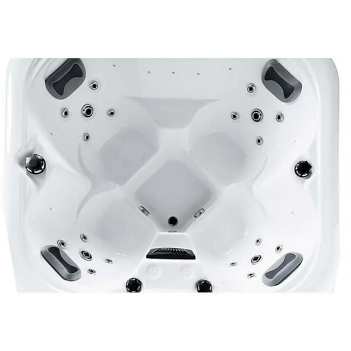 Home Deluxe Outdoor Whirlpool SEA STAR Mit Treppe und Thermoabdeckung -  - Draufsicht auf einen weißen Whirlpool mit mehreren Sitzen und Düsen für ein entspannendes Badeerlebnis.