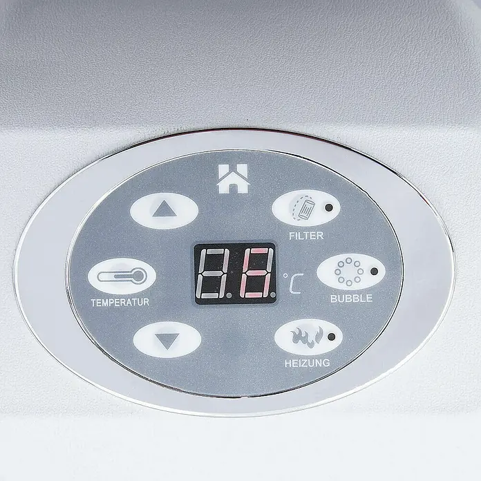 Home Deluxe Außen-Whirlpool SPLASH inkl. Abdeckung - 208 x 208 x 65 cm, Grau, Max. Personenzahl: 6 Stk. - Detailaufnahme des Bedienfelds eines Whirlpools, das Temperatur, Filter, Blasen und Heizung anzeigt.