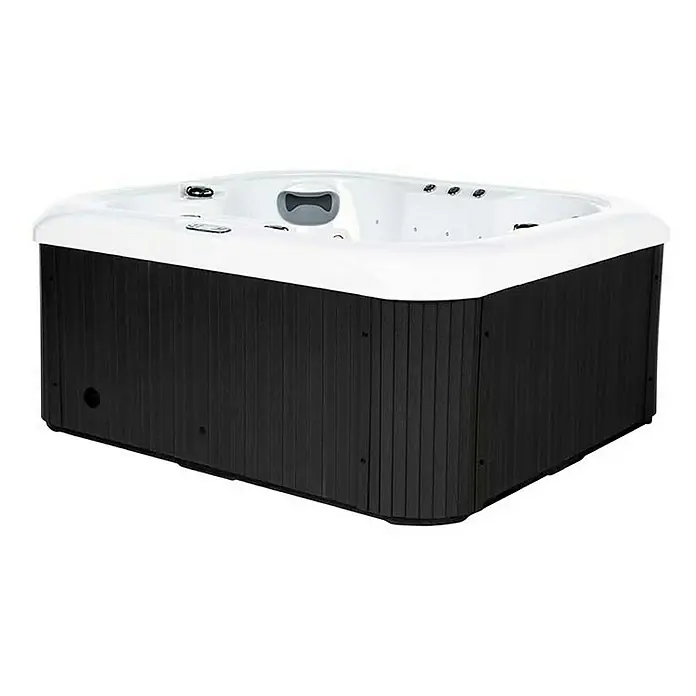 Home Deluxe Outdoor Whirlpool SEA STAR Mit Treppe und Thermoabdeckung -  - Ein luxuriöser Whirlpool mit schwarzer Verkleidung und weißem Innenraum für entspannende Momente.