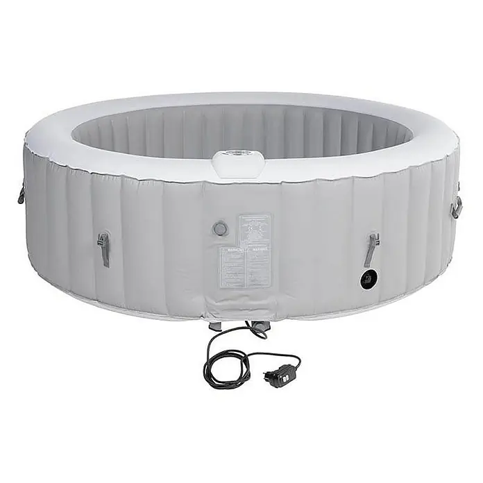 Home Deluxe Außen-Whirlpool SPLASH inkl. Abdeckung - 208 x 208 x 65 cm, Grau, Max. Personenzahl: 6 Stk. - Das Bild zeigt einen aufblasbaren Lay-Z-Spa Whirlpool in Grau und Weiß mit Bedienelementen und Stromkabel, ideal für Entspannung zu Hause.