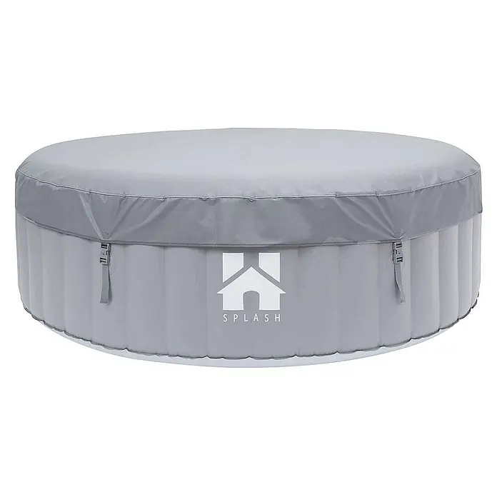 Home Deluxe Außen-Whirlpool SPLASH inkl. Abdeckung - 208 x 208 x 65 cm, Grau, Max. Personenzahl: 6 Stk. - Bild einer grauen, runden, aufblasbaren SPLASH-Badewanne mit Abdeckung für den Außenbereich.