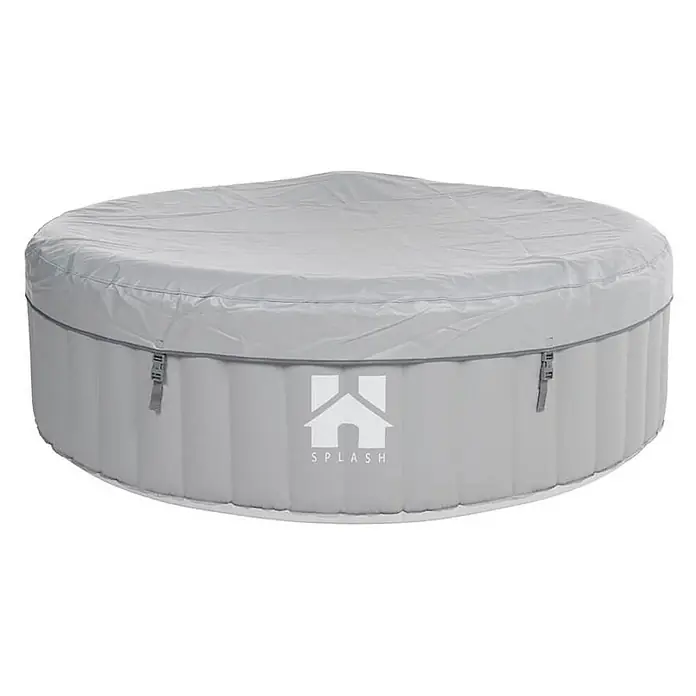 Home Deluxe Außen-Whirlpool SPLASH inkl. Kissen, Getränkehalter und Sonnendach - 208 x 208 x 65 cm, Grau, Max. Personenzahl: 6 Stk. - Ein grauer, abgedeckter, runder aufblasbarer Whirlpool von Splash mit Spannverschlüssen.