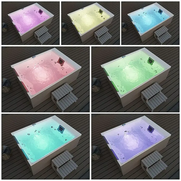 Home Deluxe Außen-Whirlpool NIMBUS DELUXE inkl. Treppe und Thermoabdeckung - Weiß, Max. Personenzahl: 2 Stk. - Ein rechteckiger Whirlpool mit mehrfarbiger LED-Beleuchtung und einer kleinen Holztreppe daneben.