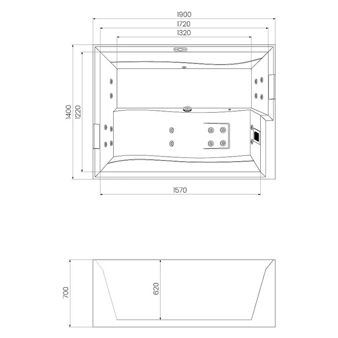 Home Deluxe Außen-Whirlpool NIMBUS DELUXE PURE - 190 x 140 x 70 cm, Weiß, Max. Personenzahl: 2 Stk. - Technische Zeichnung eines Whirlpools mit detaillierten Maßangaben für Design und Installation.