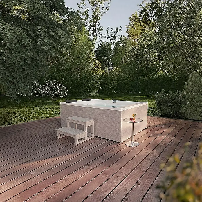 Home Deluxe Außen-Whirlpool NIMBUS PURE - Weiß, Max. Personenzahl: 2 Stk. - Luxuriöser Whirlpool im Garten auf einer Holzterrasse mit Beistelltisch und Cocktail. Entspannung pur im eigenen Garten.