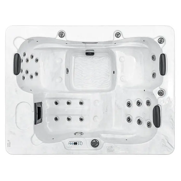 Home Deluxe Outdoor Whirlpool WHITE MARBLE Mit Treppe und Thermoabdeckung -  - Draufsicht auf einen luxuriösen Whirlpool mit zahlreichen Düsen und bequemen Kopfstützen, ideal zur Entspannung.