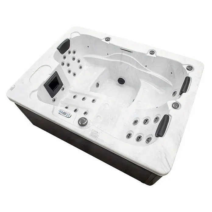 Home Deluxe Outdoor Whirlpool WHITE MARBLE Mit Treppe und Thermoabdeckung -  - Ein luxuriöser Whirlpool mit vielen Düsen für Entspannung pur. Das moderne Design in Weiß und Schwarz fügt sich nahtlos in jedes Ambiente ein.