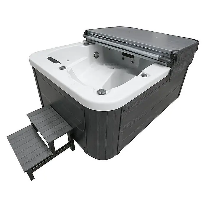 Home Deluxe Outdoor Whirlpool WHITE MARBLE Mit Treppe und Thermoabdeckung -  - Eine luxuriöse Whirlpool-Badewanne mit Abdeckung und praktischer Treppe für einfachen Zugang. Ideal für Entspannung im Garten.