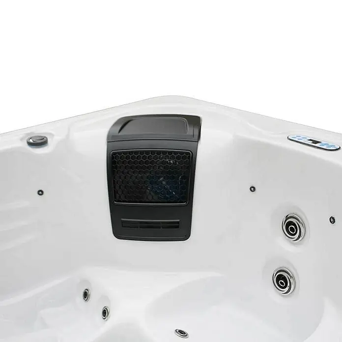 Home Deluxe Außen-Whirlpool SUNSET PURE - Anthrazit, Max. Personenzahl: 3 Stk. - Nahaufnahme eines Whirlpools mit Fokus auf die Bedienelemente und Düsen. Das Design ist modern und die Oberfläche glänzend.