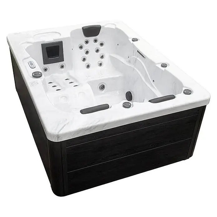 Home Deluxe Outdoor Whirlpool WHITE MARBLE Mit Treppe und Thermoabdeckung -  - Ein luxuriöser Whirlpool mit Marmoroberfläche und schwarzer Verkleidung. Entspannung pur im eigenen Zuhause.