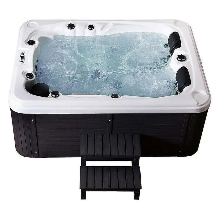 Home Deluxe Outdoor Whirlpool BEACH Mit Treppe und Thermoabdeckung -  - Sprudelnder weißer Whirlpool mit schwarzer Außenverkleidung und passender zweistufiger Leiter zum einfachen Zugang.
